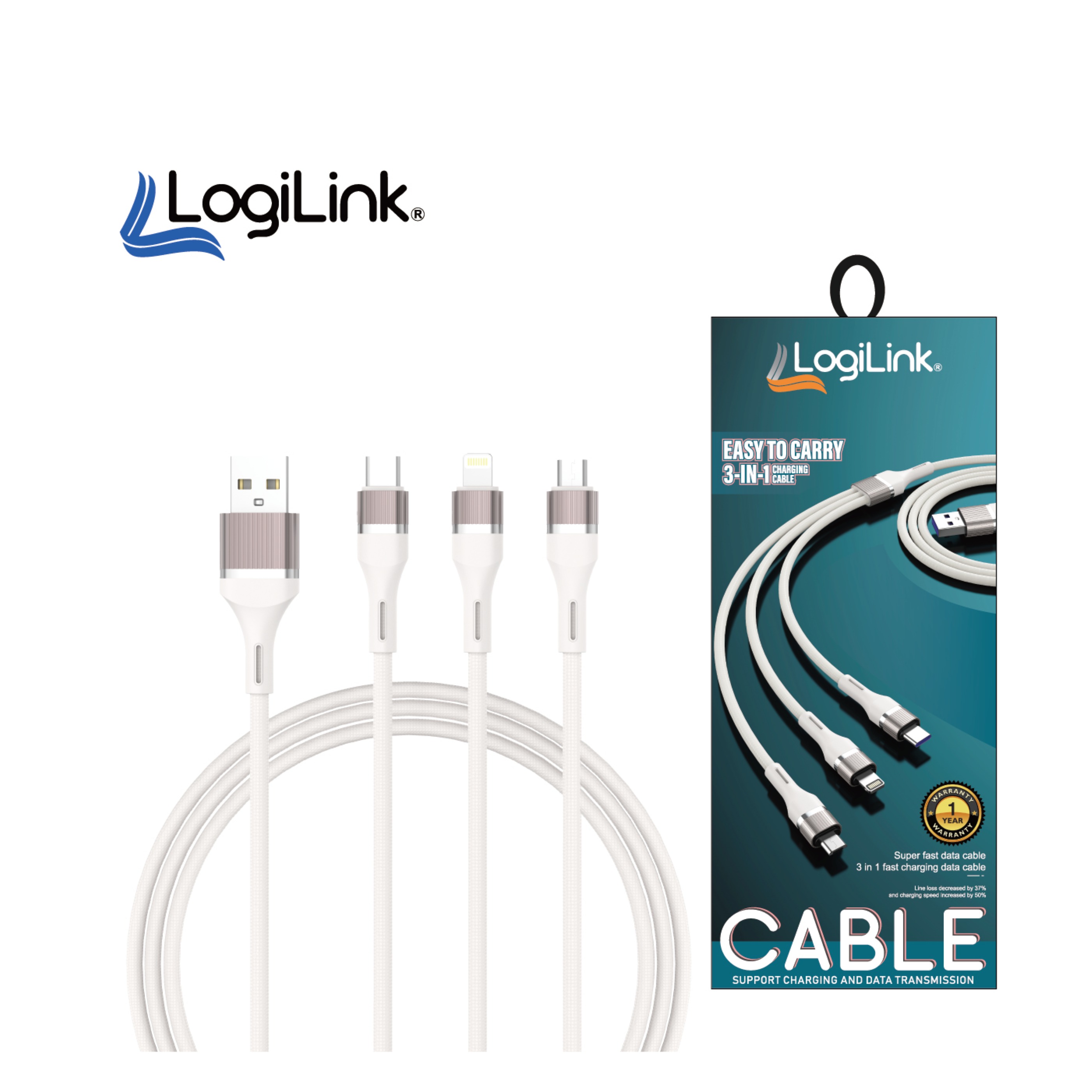 LOGILINK 3-in-1 USB to Micro/Type-C/iPhone Nylon Data Cable 6A Fast Charging 1m with 1 Year Warranty White