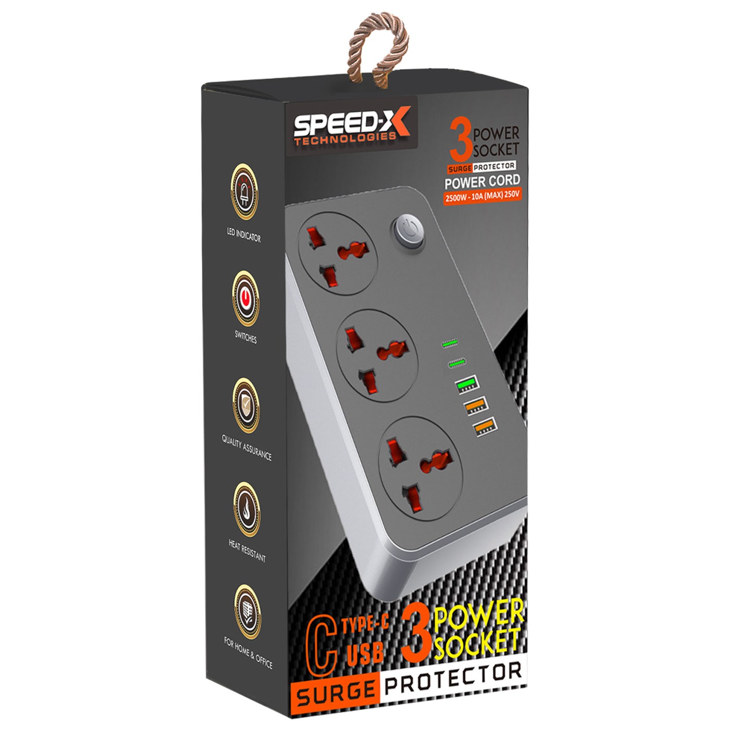 SPEED-X 603PU Power Universal Travel with 3 Sockets + 3 USB + 2 Type-C - 2m Cable Length