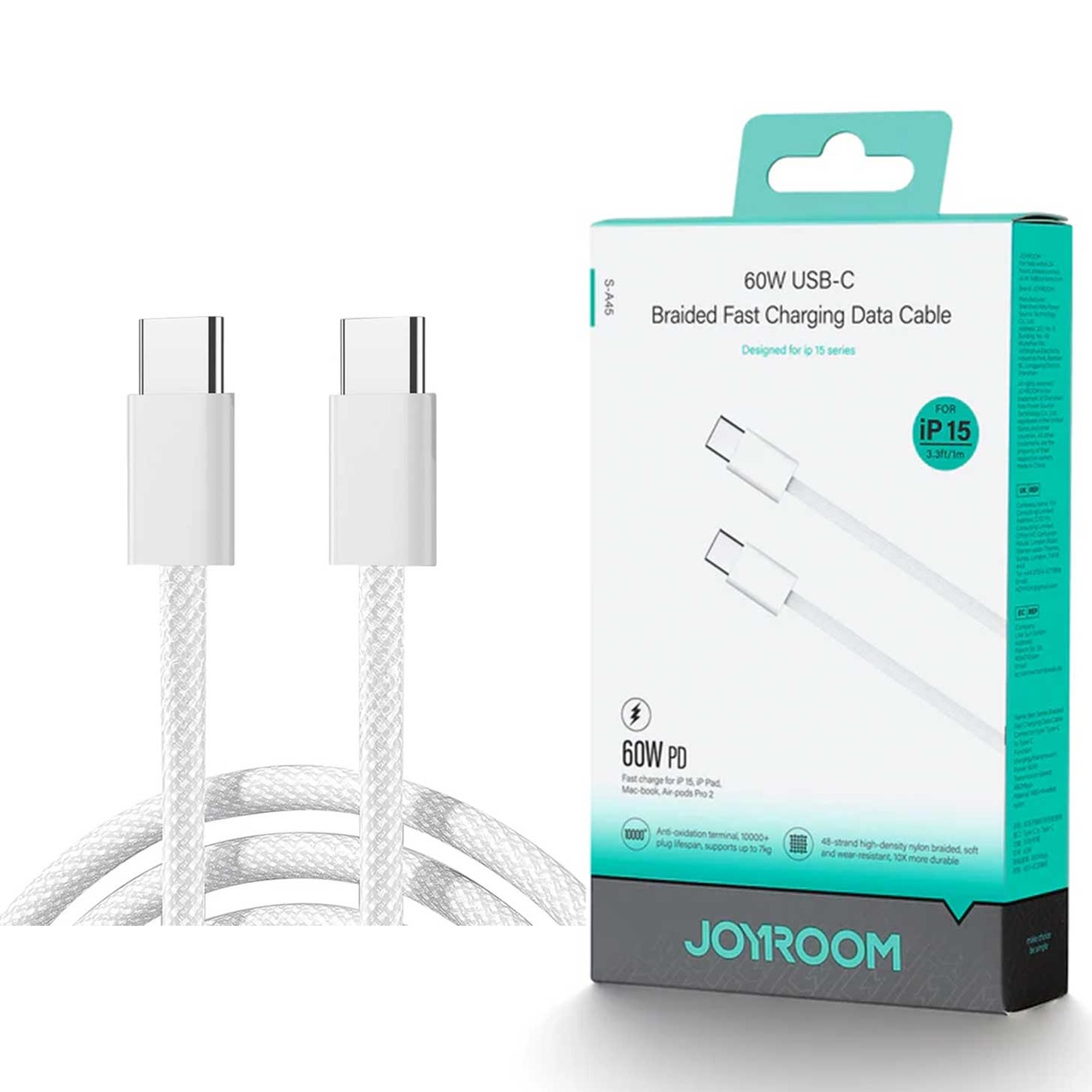 Joyroom S-A45 Ben Series Braided 60W Fast Charging Data Cable (Type-C to Type-C) 1m-White