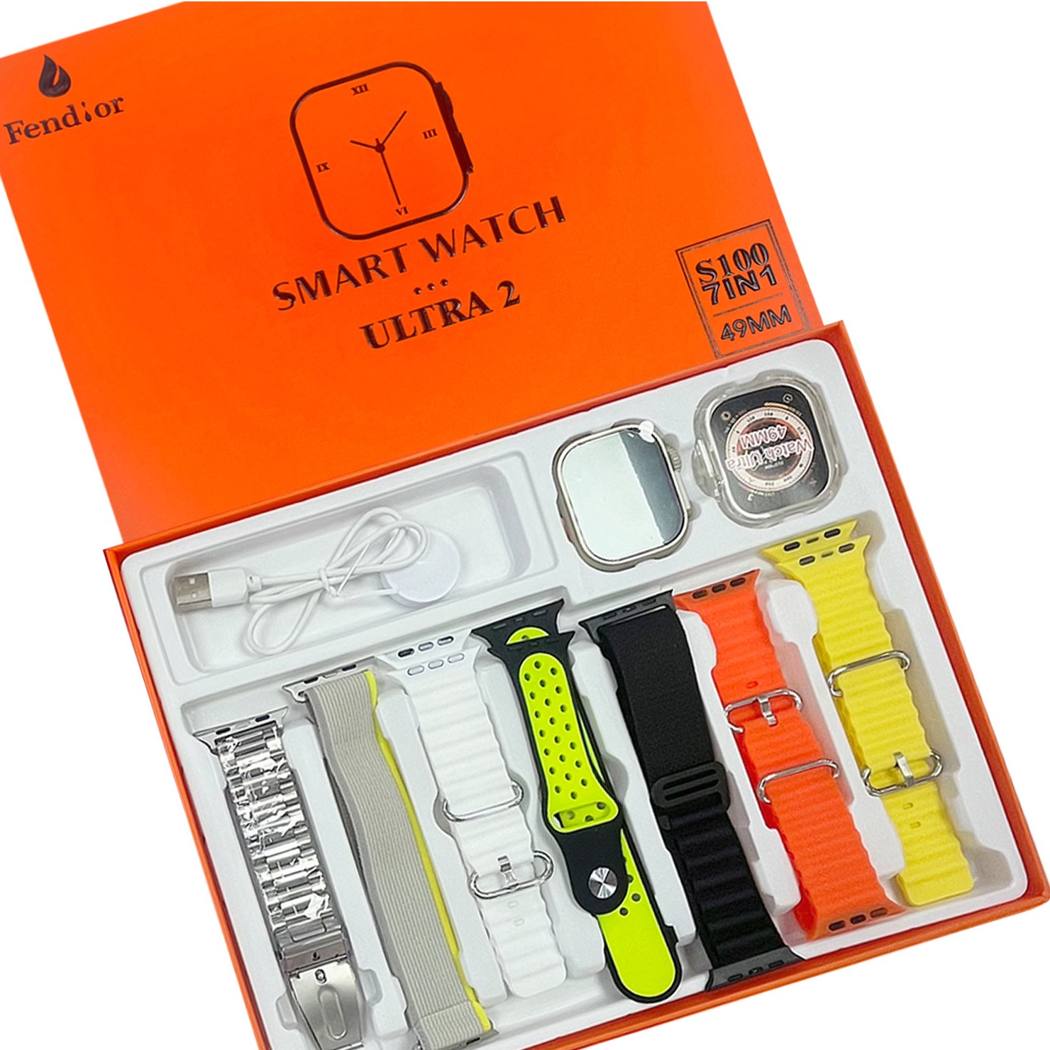 S100 FENDIOR Smart Watch Ultra 2 with 7 Straps, 49mm, Silicone Watch Protector Case, and FitPro App Silver