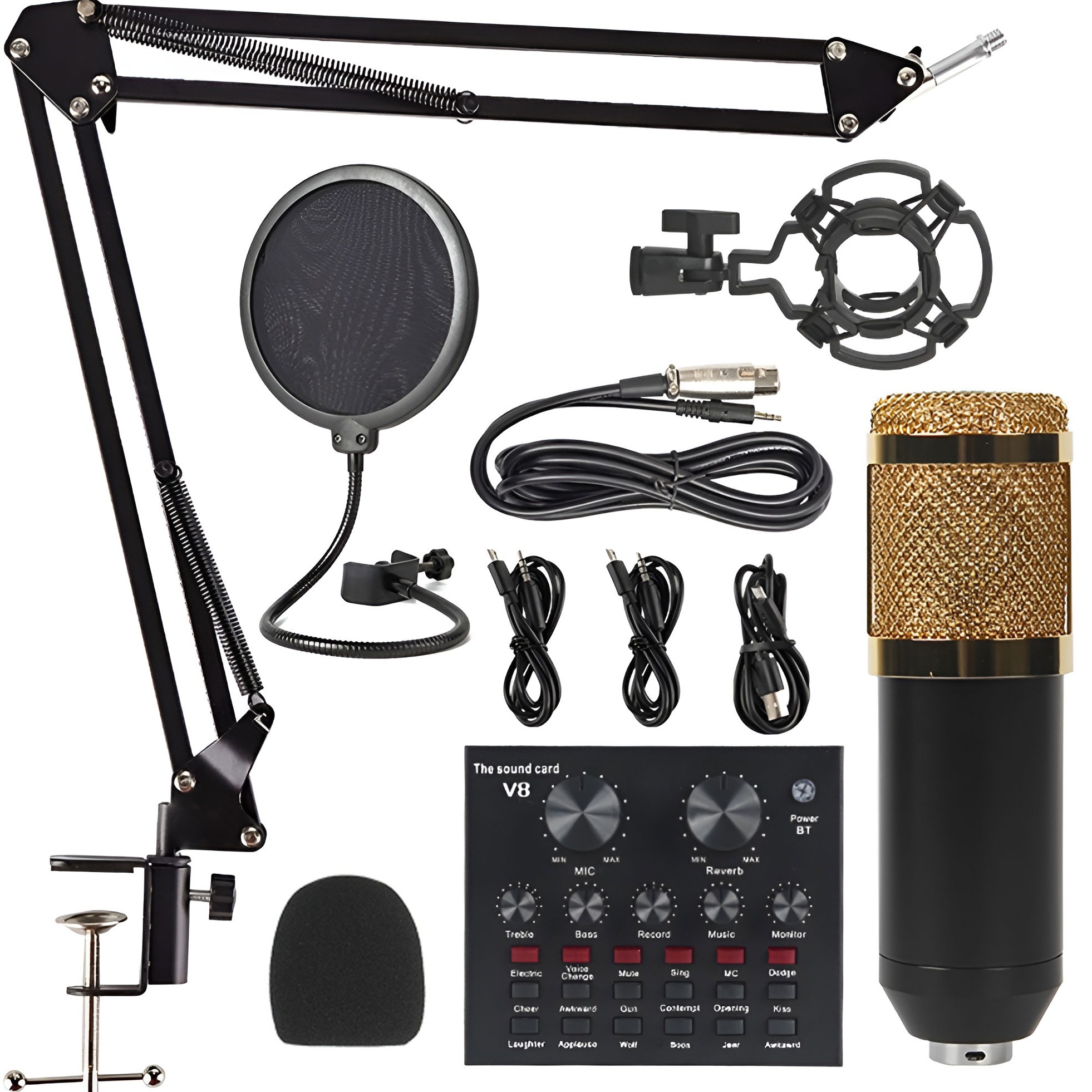 V8 BM-800 PODCAST MIC SET WITH LIVE SOUND CARD ,condenser Microphone With Rechargeable 12 Kinds Of Auxiliary Background For Karaoke Singing, Youtube Recording
