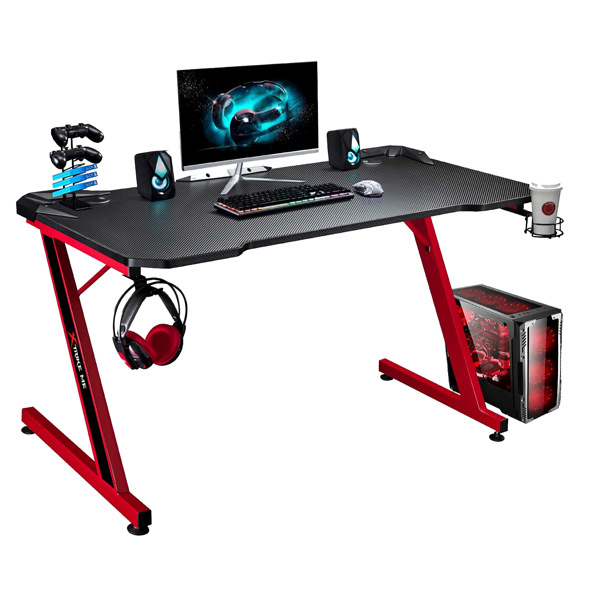 XTRIKE ME DK-02 ERGONOMIC COMPUTER DESK WITH HEADPHONE HOOK AND CUP HOLDER Z-SHAPED LEGS BLACK